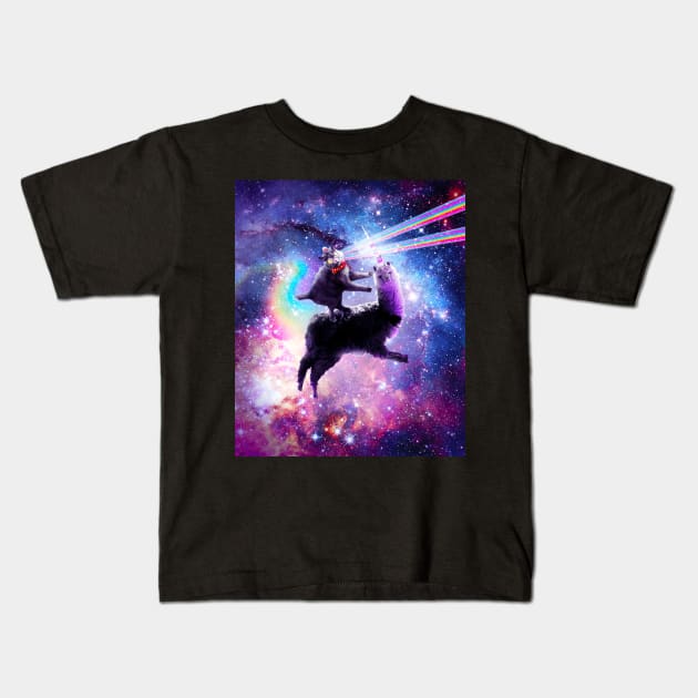 Laser Eyes Outer Space Cat Riding On Llama Unicorn Kids T-Shirt by Random Galaxy